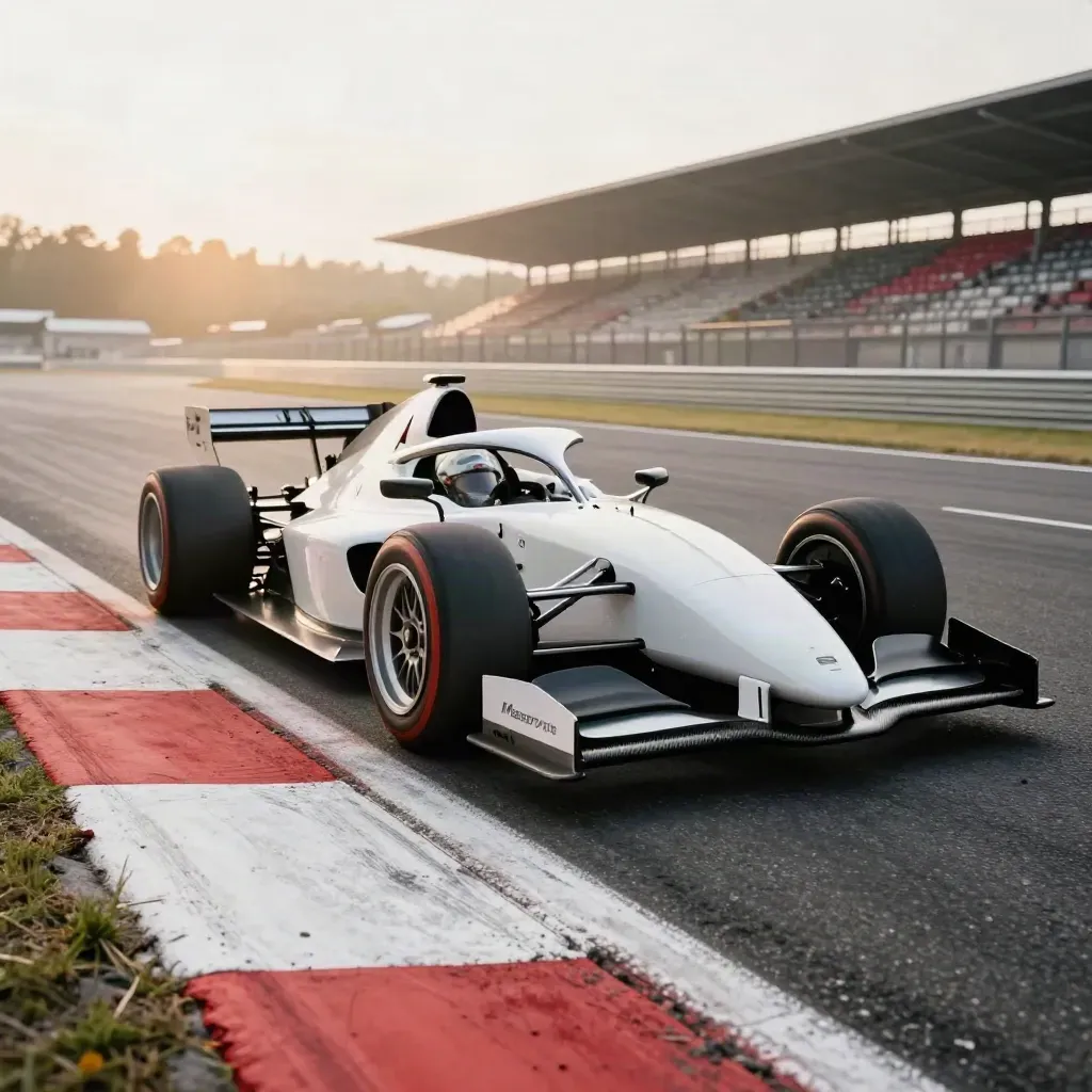 Bílý prototype racer projíždí zatáčku na Masarykově okruhu u červeno-bílého obrubníku.