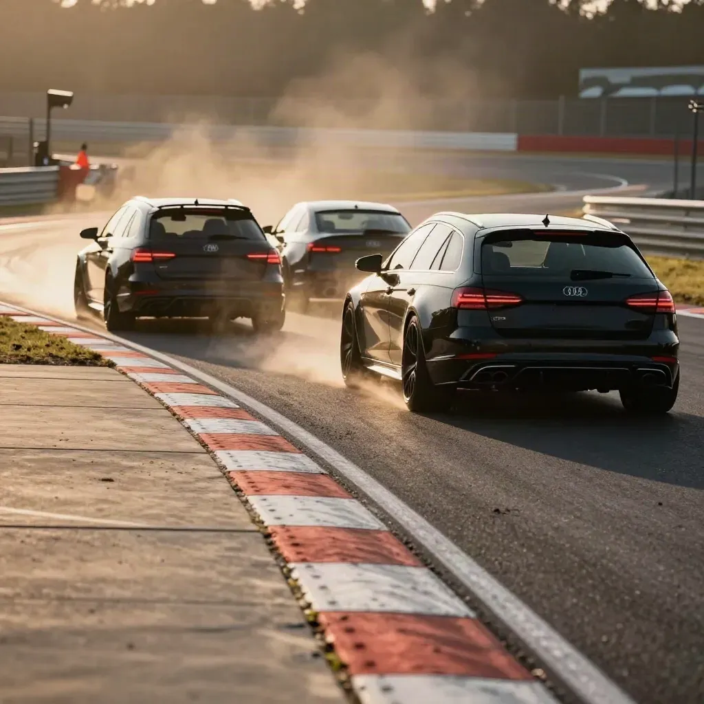 Tři touring cars bojují v poslední šikaně, prach a žár brzd v nízkém světle.