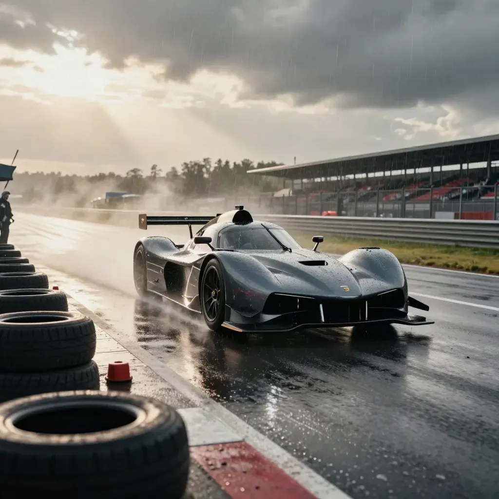Touring car stříká vodu na mokré pit lane po bouřce, nízký dramatický záběr.