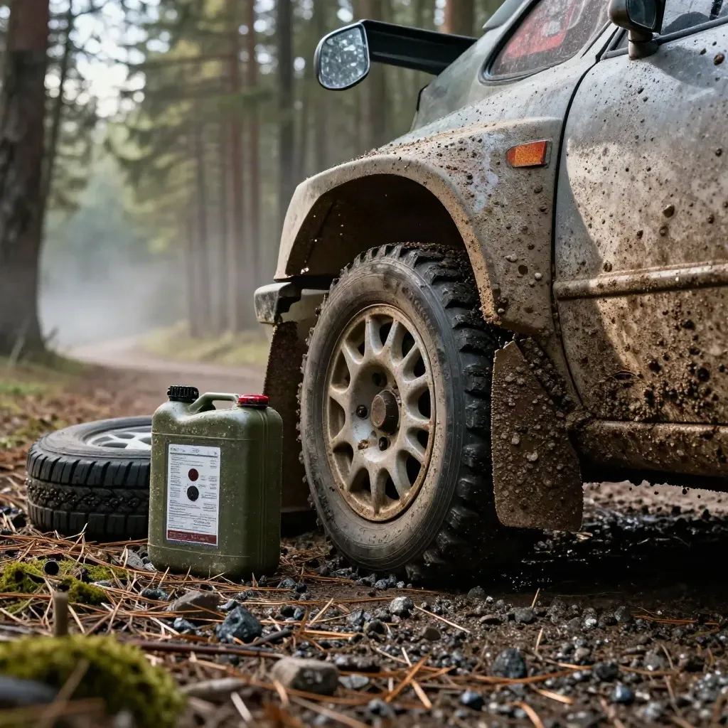 Blátem obalený rally vůz u lesa, vedle něj rezerva, kanystr a časovací transponder.