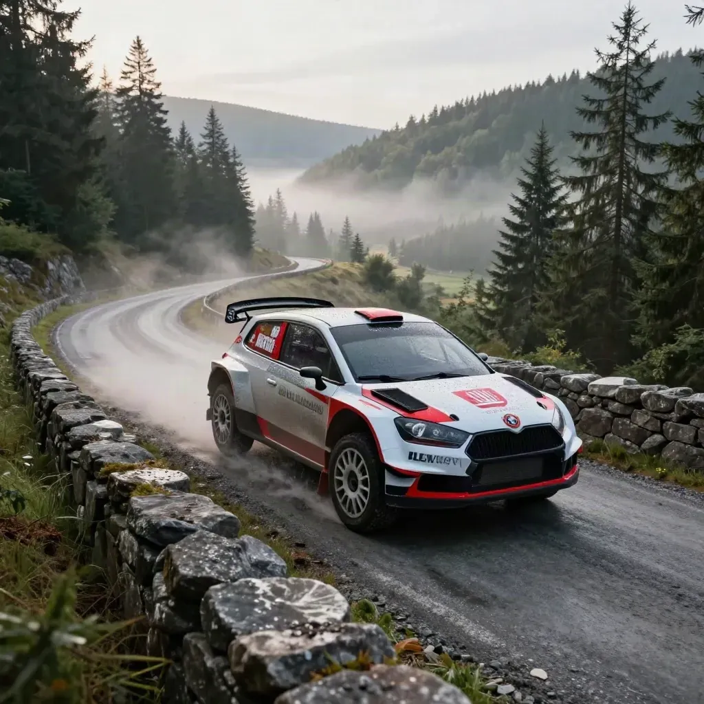 Rallyové auto skáče přes hřeben u kamenné zdi v mlze nad Vltavským údolím.