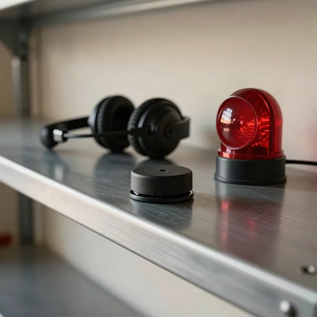 Transpondér, pit headset a červená signalka na kovové polici v zázemí týmu.